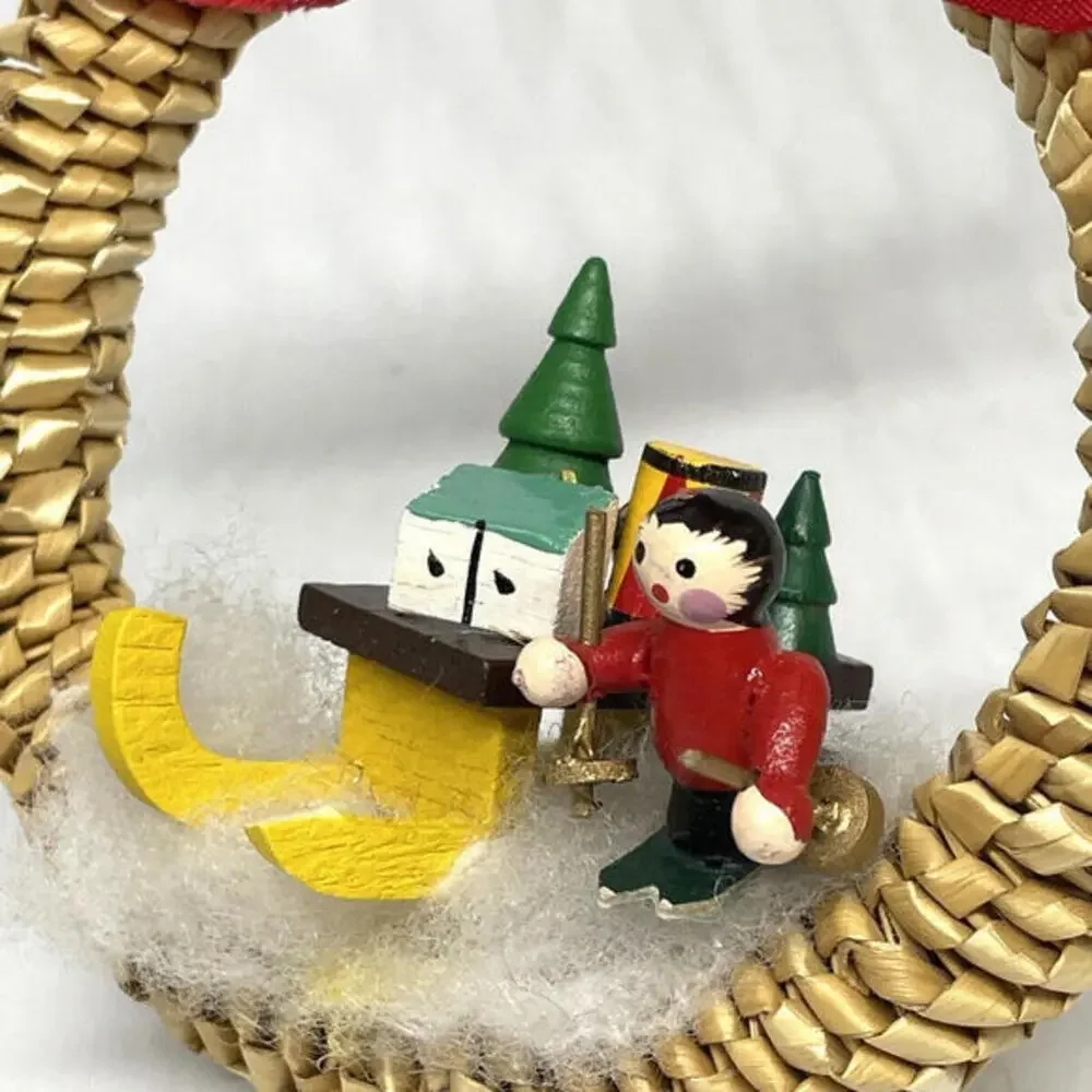 Wooden‎ Skier and Sled in Wicker Wreath Christmas Ornament Vintage
